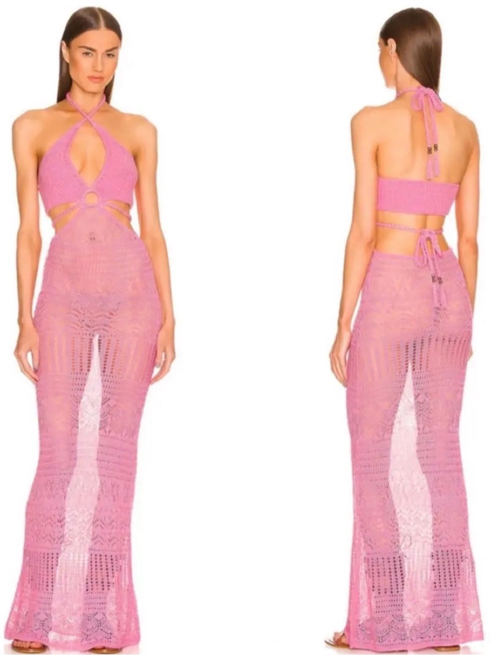 DUNDAS Pink Crochet Halter Tie-Back Beach Coverup Dress